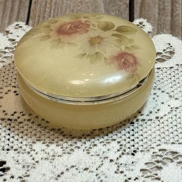 Vintage Genuine Alabaster Hinged Rose Trinket Jewelry Box - Picture 2 of 11